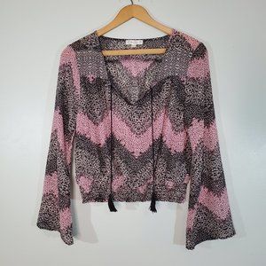 love, Fire Black and Pink Crop Top Dotted Print Long Sleeve Sheer Crop T…